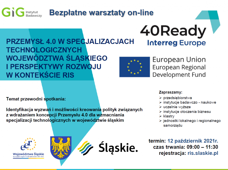 Spotkanie warsztatowe online pt. Przemysł 4.0 w specjalizacjach technologicznych województwa śląskiego i perspektywy rozwoju w kontekście RIS
